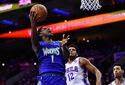Nov 27, 2021; Philadelphia, Pennsylvania, USA; Minnesota Timberwovles guard Anthony Edwards (1) shoots the ball against the Philadelphia 76ers in the first quarter at Wells Fargo Center. Mandatory Credit: Kyle Ross-USA TODAY Sports