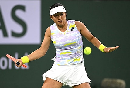 Mar 11, 2022; Indian Wells, CA, USA; Claire Liu (USA) hits a shot against Coco Gauff (not pictured) in her 2nd round match at the BNP Paribas Open at the Indian Wells Tennis Garden. Mandatory Credit: Jayne Kamin-Oncea-USA TODAY Sports