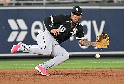 Aug 10, 2022; Kansas City, Missouri, USA;  Chicago White Sox third baseman Yoan Moncada (10) dives for a ground ball during the eighth inning against the Kansas City Royals at Kauffman Stadium. Mandatory Credit: Peter Aiken-USA TODAY Sports