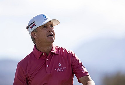 David Toms tees off on 18 during the second round of the Galleri Classic in Rancho Mirage, Calif., Saturday, March 25, 2023.