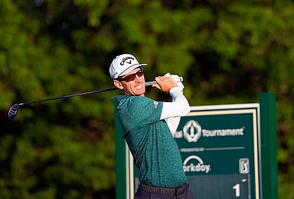 June 1, 2023: Dublin, Ohio, USA; Dylan Frittelli watches his tee shot on the first hole during opening round of the Memorial Tournament at Muirfield Village Golf Club.