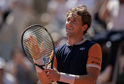 Jun 5 2023; Paris, France; Casper Ruud (NOR) celebrates after defeating Nicolas Jarry (CHI) on day nine at Stade Roland-Garros. Mandatory Credit: Susan Mullane-USA TODAY Sports