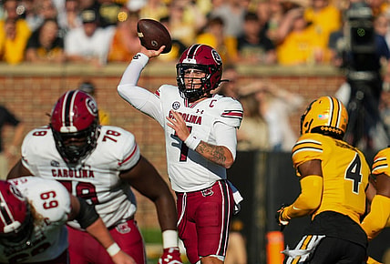 Oct 21, 2023; Columbia, Missouri, USA; South Carolina Gamecocks quarterback Spencer Rattler (7) throws a pass during the first half against the Missouri Tigers at Faurot Field at Memorial Stadium. Mandatory Credit: Jay Biggerstaff-USA TODAY Sports