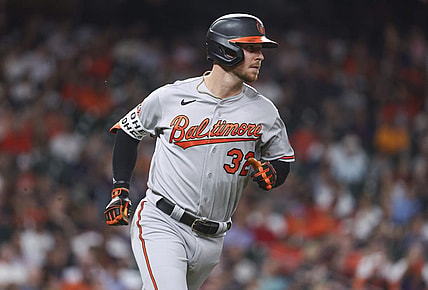 Sep 18, 2023; Houston, Texas, USA; Baltimore Orioles first baseman Ryan O'Hearn (32) runs to first base on a single during the third inning against the Houston Astros at Minute Maid Park. Mandatory Credit: Troy Taormina-USA TODAY Sports