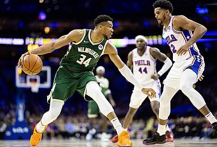 Feb 25, 2024; Philadelphia, Pennsylvania, USA; Milwaukee Bucks forward Giannis Antetokounmpo (34) controls the ball against Philadelphia 76ers forward Tobias Harris (12) during the second quarter at Wells Fargo Center. Mandatory Credit: Bill Streicher-USA TODAY Sports