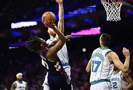Mar 16, 2024; Philadelphia, Pennsylvania, USA; Philadelphia 76ers guard Tyrese Maxey (0) shoots against Charlotte Hornets forward Davis Bertans (9) in the second quarter at Wells Fargo Center. Mandatory Credit: Kyle Ross-USA TODAY Sports