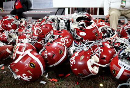 Jan 8, 2018; Atlanta, GA, USA; Detailed view of Alabama Crimson Tide player helmets on the ground after defeating the Georgia Bulldogs in the 2018 CFP national championship college football game at Mercedes-Benz Stadium. Mandatory Credit: Mark J. Rebilas-USA TODAY Sports