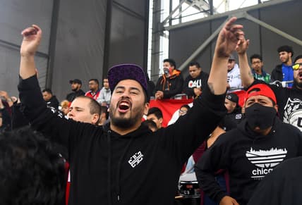 Sep 29, 2019; Chicago, IL, USA; Chicago Fire fans react before a game against the Toronto FC at SeatGeek Stadium. Mandatory Credit: Mike DiNovo-USA TODAY Sports
