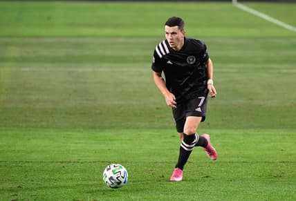 Nov 20, 2020; Nashville, TN, Nashville, TN, USA;  Inter Miami midfielder Lewis Morgan (7) dribbles against the Nashville SCduring the first half at Nissan Stadium. Mandatory Credit: Steve Roberts-USA TODAY Sports