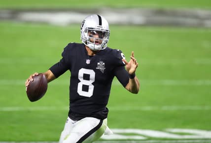 Dec 17, 2020; Paradise, Nevada, USA; Las Vegas Raiders quarterback Marcus Mariota (8) against the Los Angeles Chargers at Allegiant Stadium. Mandatory Credit: Mark J. Rebilas-USA TODAY Sports