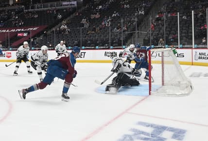 May 12, 2021; Denver, Colorado, USA; Colorado Avalanche left wing J.T. Compher (37) scores a goal past Los Angeles Kings goaltender Calvin Petersen (40) during the second period at Ball Arena. Mandatory Credit: Ron Chenoy-USA TODAY Sports
