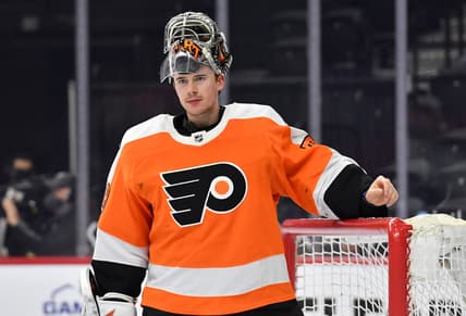 Apr 6, 2021; Philadelphia, Pennsylvania, USA; Philadelphia Flyers goaltender Carter Hart (79) against the Boston Bruins at Wells Fargo Center. Mandatory Credit: Eric Hartline-USA TODAY Sports