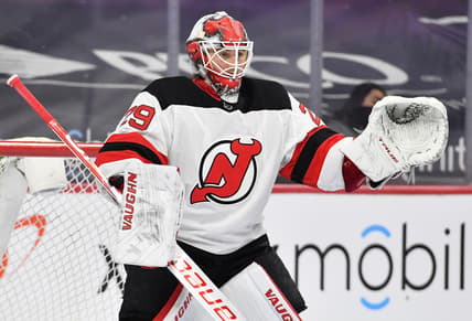 Apr 25, 2021; Philadelphia, Pennsylvania, USA; New Jersey Devils goaltender Mackenzie Blackwood (29) against the Philadelphia Flyers at Wells Fargo Center. Mandatory Credit: Eric Hartline-USA TODAY Sports