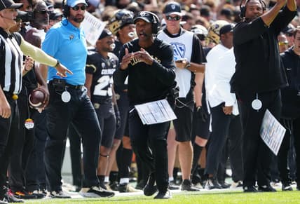 Oct 2, 2021; Boulder, Colorado, USA; Colorado Buffaloes head coach Karl Dorrell calls a time out n the second quarter against the USC Trojans at Folsom Field. Mandatory Credit: Ron Chenoy-USA TODAY Sports