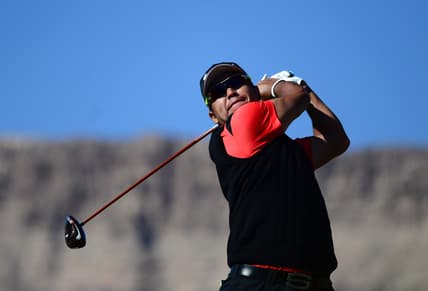 Oct 14, 2021; Las Vegas, Nevada, USA; Hideki Matsuyama tees off on the third during the first round of the CJ Cup golf tournament. Mandatory Credit: Joe Camporeale-USA TODAY Sports