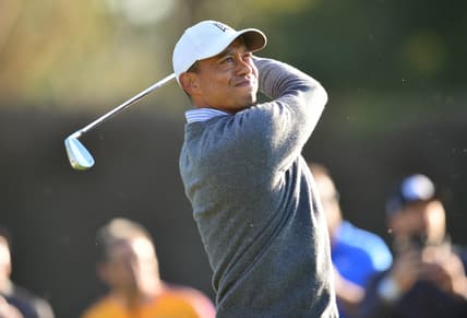 February 14, 2020; Pacific Palisades, California, USA; Tiger Woods hits from the fourteenth hole tee box during the second round of the The Genesis Invitational golf tournament at Riviera Country Club. Mandatory Credit: Gary A. Vasquez-USA TODAY Sports