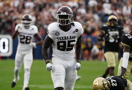 Sep 11, 2021; Denver, Colorado, USA; Texas A&M Aggies tight end Jalen Wydermyer (85) reacts in the fourth quarter against the Colorado Buffaloes at Empower Field at Mile High. Mandatory Credit: Ron Chenoy-USA TODAY Sports