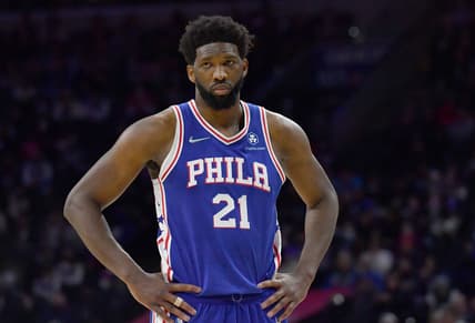 Jan 29, 2022; Philadelphia, Pennsylvania, USA; Philadelphia 76ers center Joel Embiid (21) looks on during the fourth quarter against the Sacramento Kings at Wells Fargo Center. Mandatory Credit: Eric Hartline-USA TODAY Sports