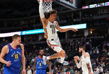 Feb 4, 2022; Denver, Colorado, USA; New Orleans Pelicans center Jaxson Hayes (10) dunks in the first quarter against the Denver Nuggets at Ball Arena. Mandatory Credit: Ron Chenoy-USA TODAY Sports