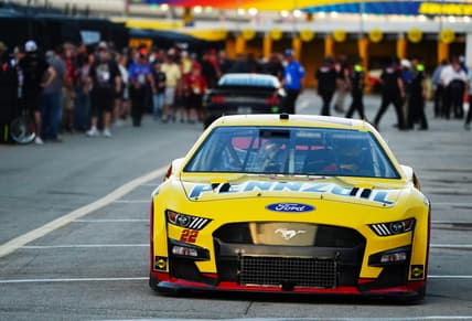 Feb 18, 2022; Daytona Beach, Florida, USA; NASCAR Cup Series driver Joey Logano (22) heads out of the garage area during practice for the Daytona 500 at Daytona International Speedway. Mandatory Credit: John David Mercer-USA TODAY Sports