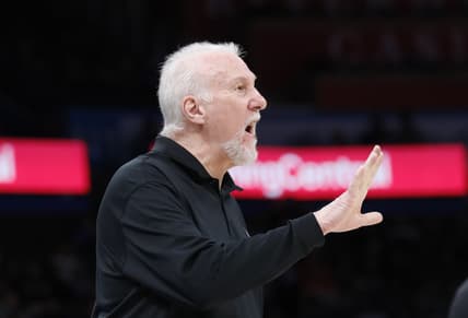Feb 16, 2022; Oklahoma City, Oklahoma, USA; San Antonio Spurs head coach Gregg Popovich yells to his team on a play against the Oklahoma City Thunder during the second half at Paycom Center. San Antonio won 114-106. Mandatory Credit: Alonzo Adams-USA TODAY Sports