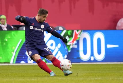 Mar 19, 2022; Chicago, Illinois, USA; Chicago Fire midfielder Xherdan Shaqiri (10) during the first half at Soldier Field. Mandatory Credit: Mike Dinovo-USA TODAY Sports