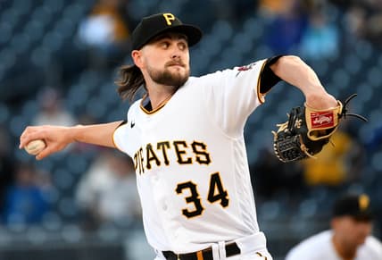 Apr 14, 2022; Pittsburgh, Pennsylvania, USA;  Pittsburgh Pirates starting pitcher JT Brubaker (34) throws a pitch in the first inning against the Washington Nationals at PNC Park. Mandatory Credit: Philip G. Pavely-USA TODAY Sports