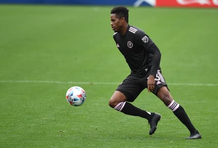 May 2, 2021; Nashville, TN, USA; Inter Miami defender Joevin Jones (33) handles the ball during the first half against the Nashville SC at Nissan Stadium. Mandatory Credit: Christopher Hanewinckel-USA TODAY Sports