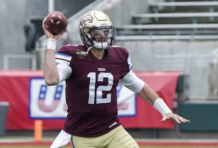 Apr 17, 2022; Birmingham, AL, USA; Michigan Panthers quarterback Paxton Lynch (12) looks to pass against Houston Gamblers at Protective Stadium. Mandatory Credit: Marvin Gentry-USA TODAY Sports
