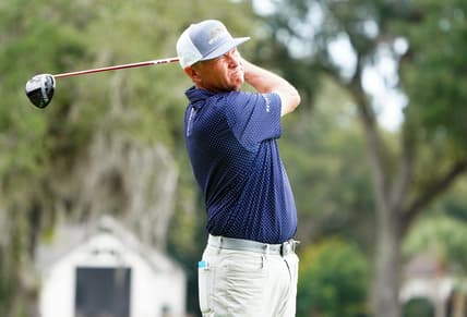 Nov 18, 2021; Sea Island, Georgia, USA; Davis Love III plays his shot from the 18th tee during the first round of the RSM Classic golf tournament at Sea Island Golf Club - Plantation Course. Mandatory Credit: John David Mercer-USA TODAY Sports