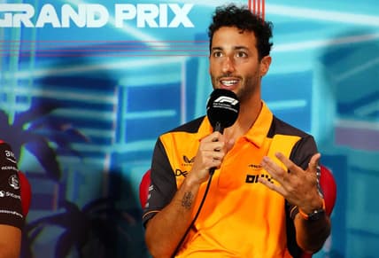 May 6, 2022; Miami Gardens, Florida, USA; McLaren driver Daniel Ricciardo of Australia  talks with the media during a press conference before their practice session for the Miami Grand Prix at Miami International Autodrome. Mandatory Credit: John David Mercer-USA TODAY Sports