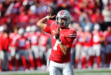 Oct 22, 2022; Columbus, Ohio, USA;  Ohio State Buckeyes quarterback C.J. Stroud (7) throws during the third quarter against the Iowa Hawkeyes at Ohio Stadium. Mandatory Credit: Joseph Maiorana-USA TODAY Sports