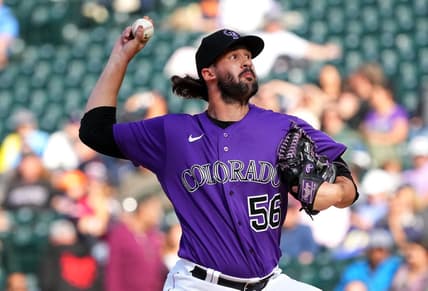 Sep 22, 2022; Denver, Colorado, USA; Colorado Rockies relief pitcher Chad Smith (56) pitches in the ninth inning against the San Francisco Giants at Coors Field. Mandatory Credit: Ron Chenoy-USA TODAY Sports
