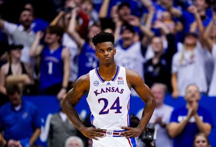 Jan 10, 2023; Lawrence, Kansas, USA; Kansas Jayhawks forward K.J. Adams Jr. (24) reacts during the second half against the Oklahoma Sooners at Allen Fieldhouse. Mandatory Credit: Jay Biggerstaff-USA TODAY Sports