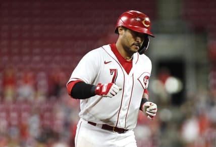 Sep 21, 2022; Cincinnati, Ohio, USA; Cincinnati Reds first baseman Donovan Solano (7) rounds the bases after hitting a solo home run Boston Red Sox during the eighth inning at Great American Ball Park. Mandatory Credit: David Kohl-USA TODAY Sports