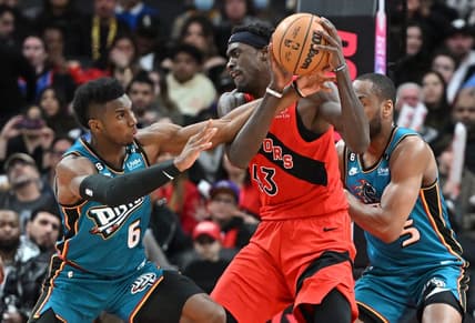 Feb 12, 2023; Toronto, Ontario, CAN;    Toronto Raptors forward Pascal Siakam (43) is fouled by Detroit Pistons guard Hamidou Diallo (6) in the second half at Scotiabank Arena. Mandatory Credit: Dan Hamilton-USA TODAY Sports