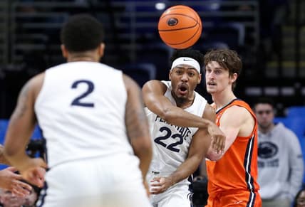 Feb 14, 2023; University Park, Pennsylvania, USA; Penn State Nittany Lions guard Jalen Pickett (22) passes the ball to guard/forward Myles Dread (2) during the second half against the Illinois Fighting Illini at Bryce Jordan Center. Penn State defeated Illinois 93-81. Mandatory Credit: Matthew OHaren-USA TODAY Sports