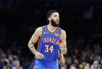 Feb 28, 2023; Oklahoma City, Oklahoma, USA; Oklahoma City Thunder forward Kenrich Williams (34) runs down the court against the Sacramento Kings during the second half at Paycom Center. Sacramento won 123-117. Mandatory Credit: Alonzo Adams-USA TODAY Sports