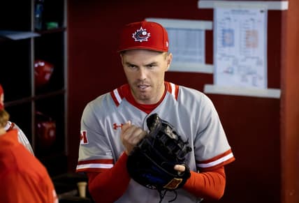 Mar 14, 2023; Phoenix, Arizona, USA; Canada first baseman Freddie Freeman prior to game against Colombia during the World Baseball Classic at Chase Field. Mandatory Credit: Mark J. Rebilas-USA TODAY Sports
