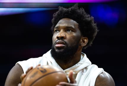 Mar 20, 2023; Philadelphia, Pennsylvania, USA; Philadelphia 76ers center Joel Embiid (21) warms up before a game against the Chicago Bulls at Wells Fargo Center. Mandatory Credit: Bill Streicher-USA TODAY Sports