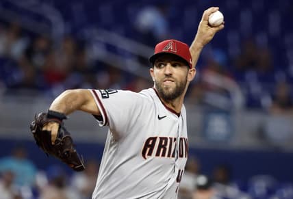 Apr 14, 2023; Miami, Florida, USA; Arizona Diamondbacks starting pitcher Madison Bumgarner (40) pitches against the Miami Marlins during the first inning at loanDepot Park. Mandatory Credit: Rhona Wise-USA TODAY Sports