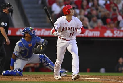 Apr 22, 2023; Anaheim, California, USA;  Los Angeles Angels designated hitter Shohei Ohtani (17) hits a long fly ball for an out in the sixth inning against the Kansas City Royals at Angel Stadium. Mandatory Credit: Jayne Kamin-Oncea-USA TODAY Sports
