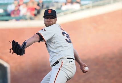 Apr 24, 2023; San Francisco, California, USA; San Francisco Giants starting pitcher Alex Cobb (38) pitches the ball against the St. Louis Cardinals during the first inning at Oracle Park. Mandatory Credit: Kelley L Cox-USA TODAY Sports