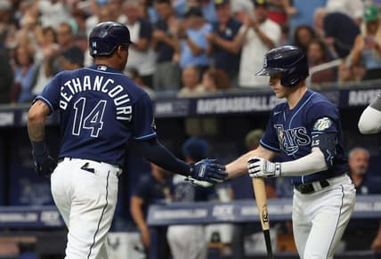 May 20, 2023; St. Petersburg, Florida, USA;  Tampa Bay Rays catcher Christian Bethancourt (14) is congratulated after hitting a home run during the fourth inning against the Milwaukee Brewers at Tropicana Field. Mandatory Credit: Kim Klement-USA TODAY Sports