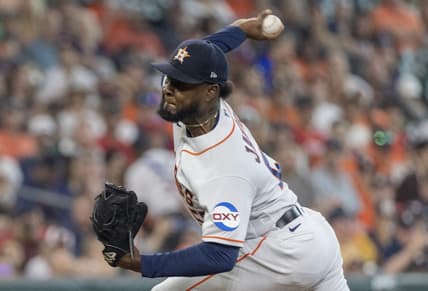 Jun 3, 2023; Houston, Texas, USA;  Houston Astros starting pitcher Cristian Javier (53) pitches against the Los Angeles Angels in the first inning at Minute Maid Park. Mandatory Credit: Thomas Shea-USA TODAY Sports