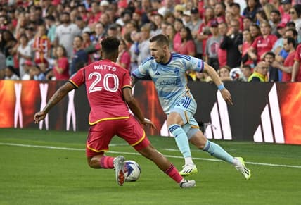 Jul 1, 2023; St. Louis, Missouri, USA; Colorado Rapids midfielder Sam Nicholson (28) tries to get past St. Louis City defender Akil Watts (20) in the first half at CITYPARK. Mandatory Credit: Scott Rovak-USA TODAY Sports