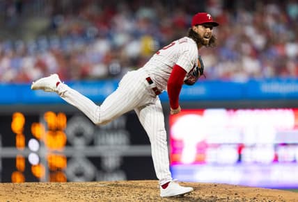 Aug 9, 2023; Philadelphia, Pennsylvania, USA; Philadelphia Phillies starting pitcher Michael Lorenzen (22) throws a pitch during the sixth inning against the Washington Nationals at Citizens Bank Park. Mandatory Credit: Bill Streicher-USA TODAY Sports