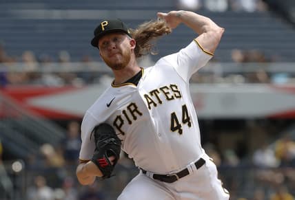 Aug 10, 2023; Pittsburgh, Pennsylvania, USA; Pittsburgh Pirates starting pitcher Bailey Falter (44) delivers a pitch against the Atlanta Braves during the first inning at PNC Park. Mandatory Credit: Charles LeClaire-USA TODAY Sports