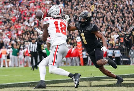 Oct 14, 2023; West Lafayette, Indiana, USA;  Ohio State Buckeyes wide receiver Marvin Harrison Jr. (18) catches a pass for a touchdown against Purdue Boilermakers defensive back Markevious Brown (1) during the first half at Ross-Ade Stadium. Mandatory Credit: Robert Goddin-USA TODAY Sports