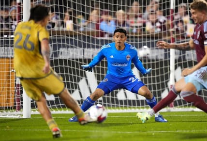 Oct 21, 2023; Commerce City, Colorado, USA; Real Salt Lake midfielder Diego Luna (26) shoots and scores on Colorado Rapids goalkeeper Abraham Rodriguez (26) and in the second half at Dick's Sporting Goods Park. Mandatory Credit: Ron Chenoy-USA TODAY Sports